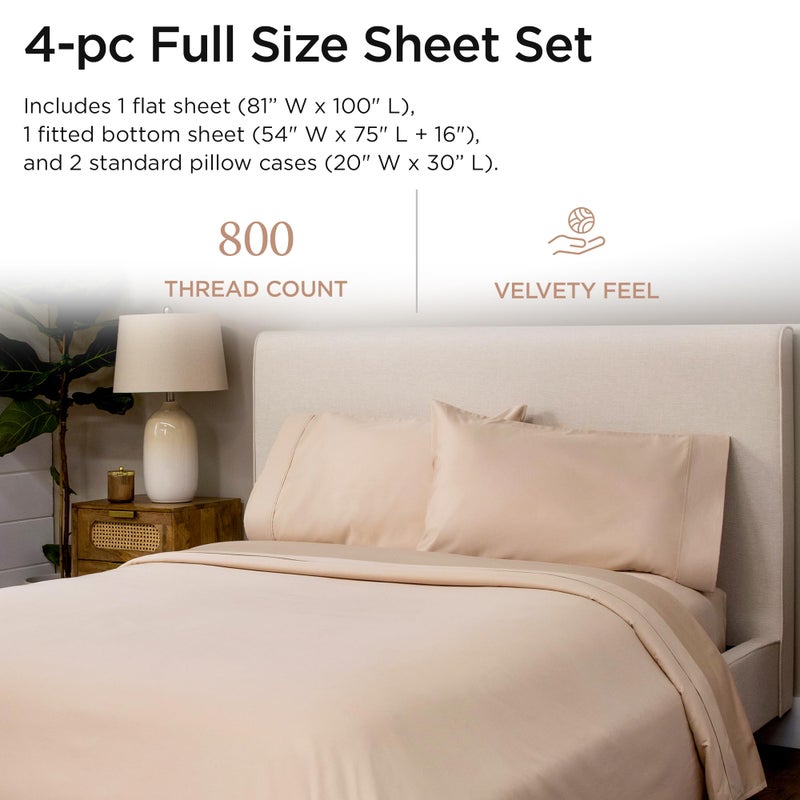Threadmill Luxury 800 Thread Count Full Size 100% Cotton Sheets - Light Beige Sateen Weave Bed-Sheets, Better Than Egyptian Cotton, 4 Pc Solid Bedding Set, Fits 16" Deep Pocket - Image 2